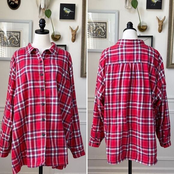 L.L. Bean Women's Fleece-Lined Flannel Shirt Button Up Red Blue Plaid $90 3X - Picture 1 of 6